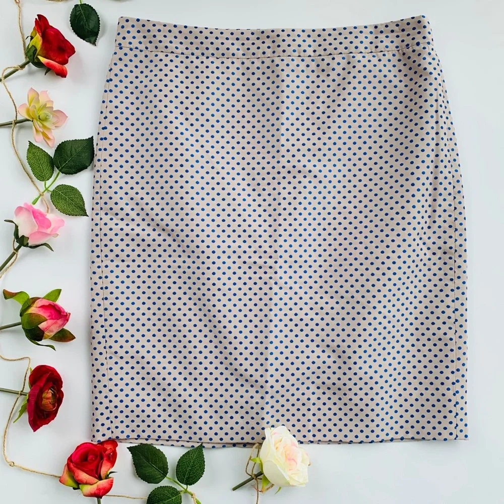 J. Crew Beige Pencil Skirt with Blue Polka Dots